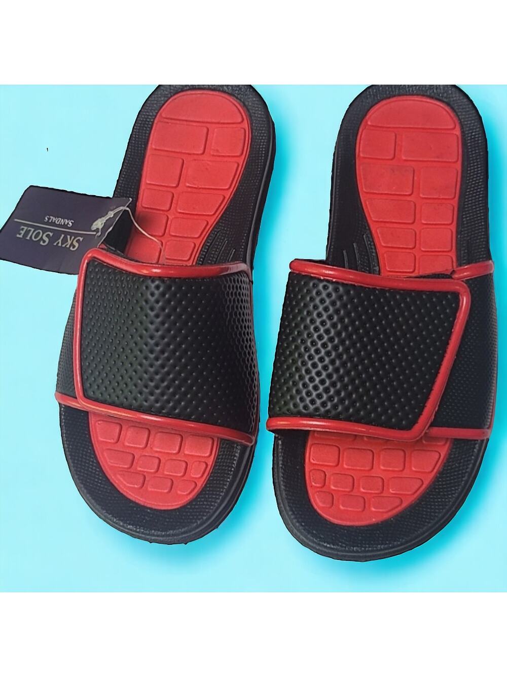 Sky Sole Boy's Black Red Slide Sandals, size 2-3 Little Kid ~ NEW